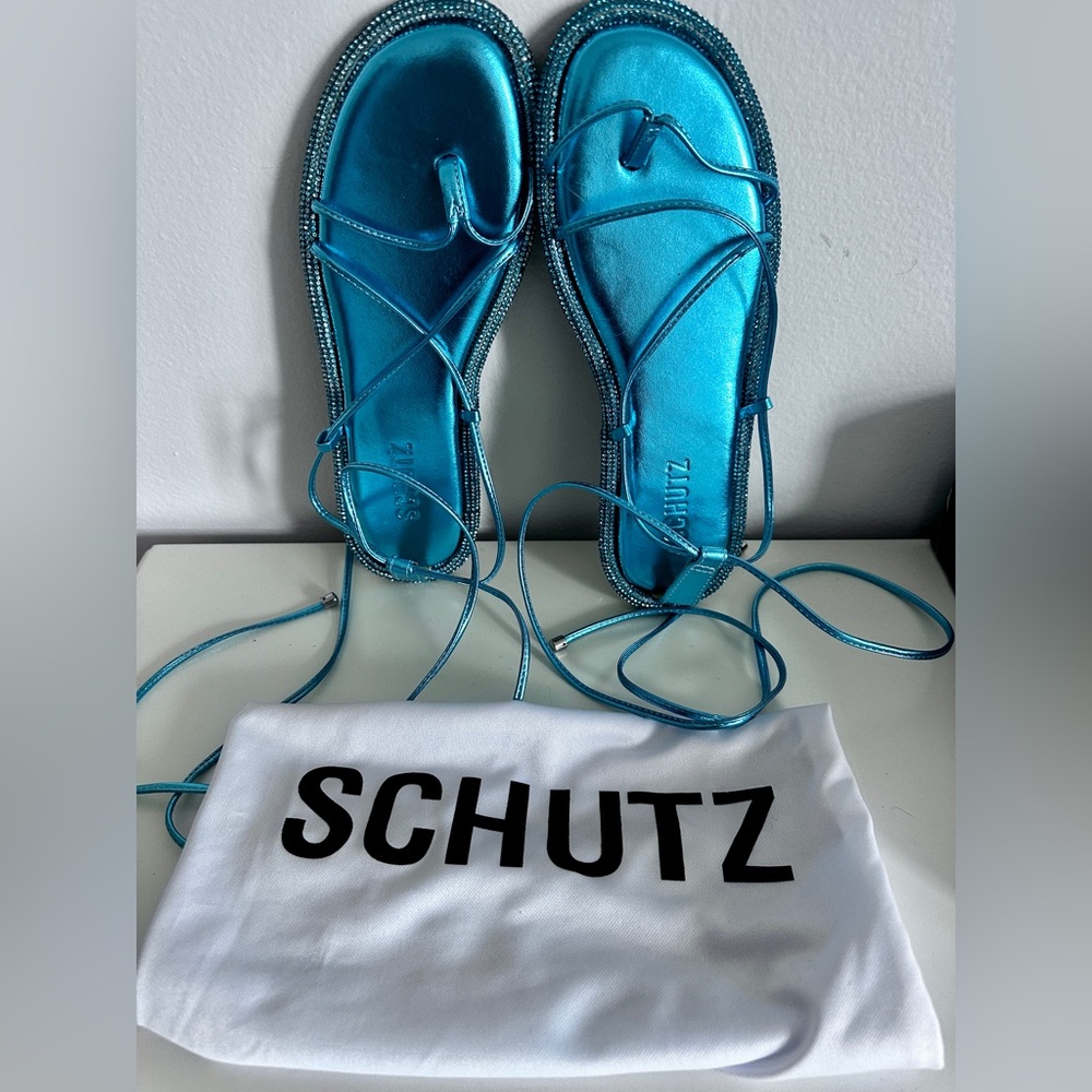 NWT SCHUTZ Metallic Blue Crystal Embellished Metallic Ankle Strappy Sandals